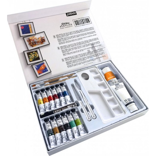 23 PCS STUDIO ACRYLICS COLLECTION BOX 12 ASSORTED 20 ML TUBES WITH ACCESSORIES